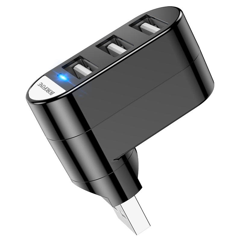 Adaptador USB 3 puertos BOROFONE DH3 con diseño rotatorio 180°, ideal para ampliar conexiones en laptops y PCs.