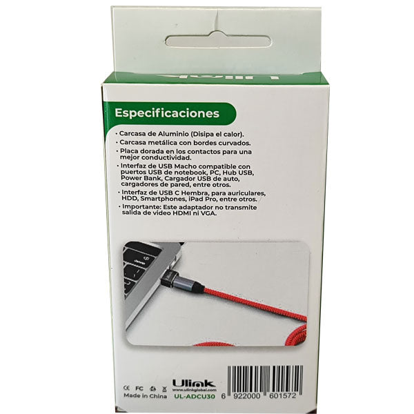 Adaptador USB-C hembra a USB macho 2.0 UL-ADCU30, compacto y funcional para carga y transferencia de datos.