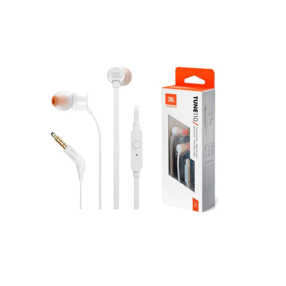Audífonos JBL T110 blancos con sonido Pure Bass y micrófono integrado.