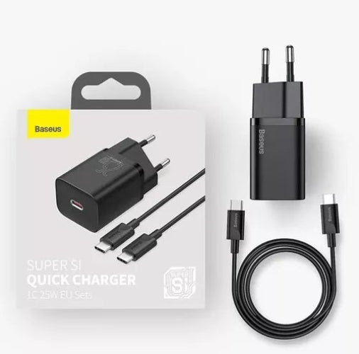 Diseño compacto del cargador Baseus 25W negro con carga rápida Tipo-C.