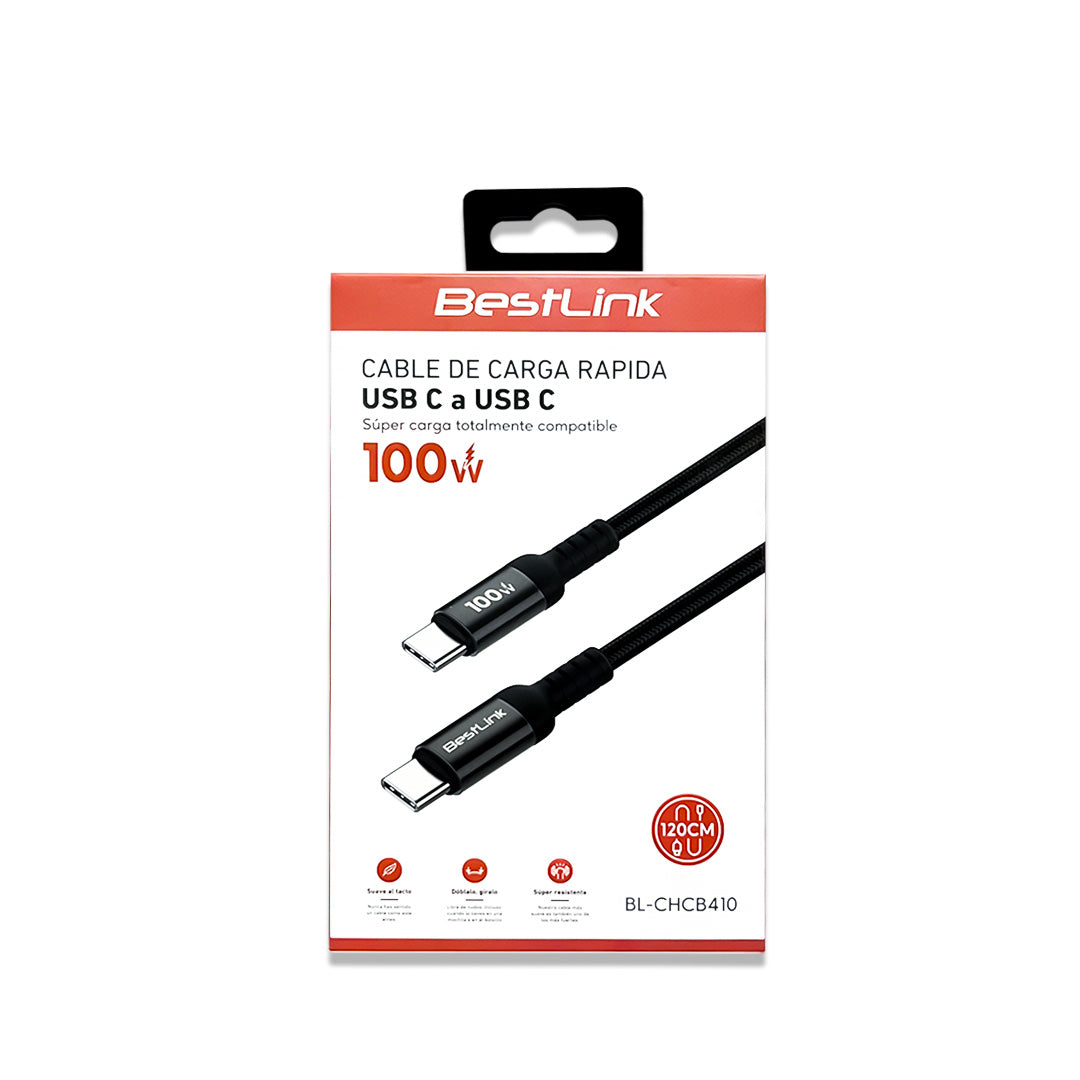 Cable de carga USB-C a USB-C 100W Bestlink, diseño resistente y antinudo, color negro.