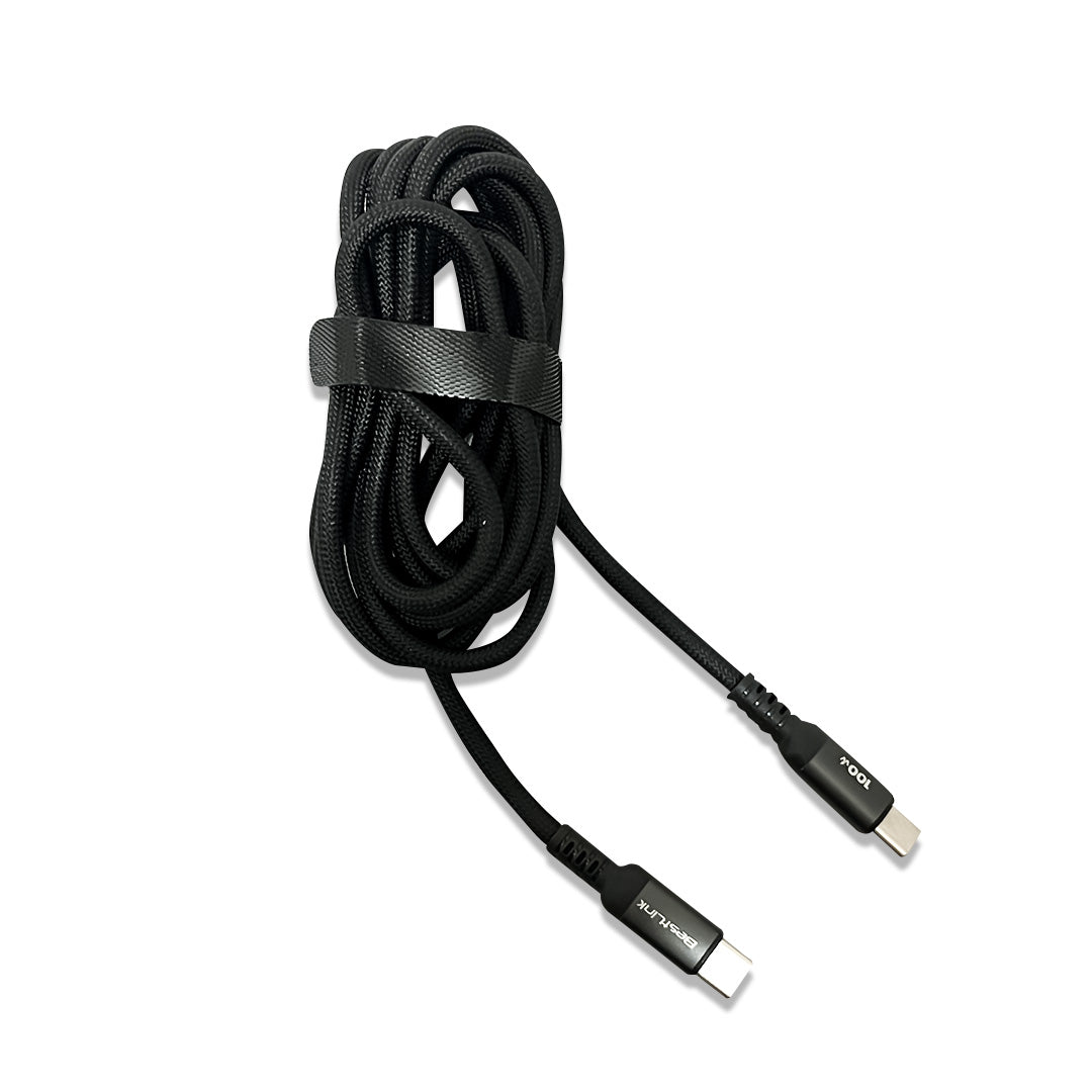 Cable de carga USB-C a USB-C 100W Bestlink, diseño resistente y antinudo, color negro.