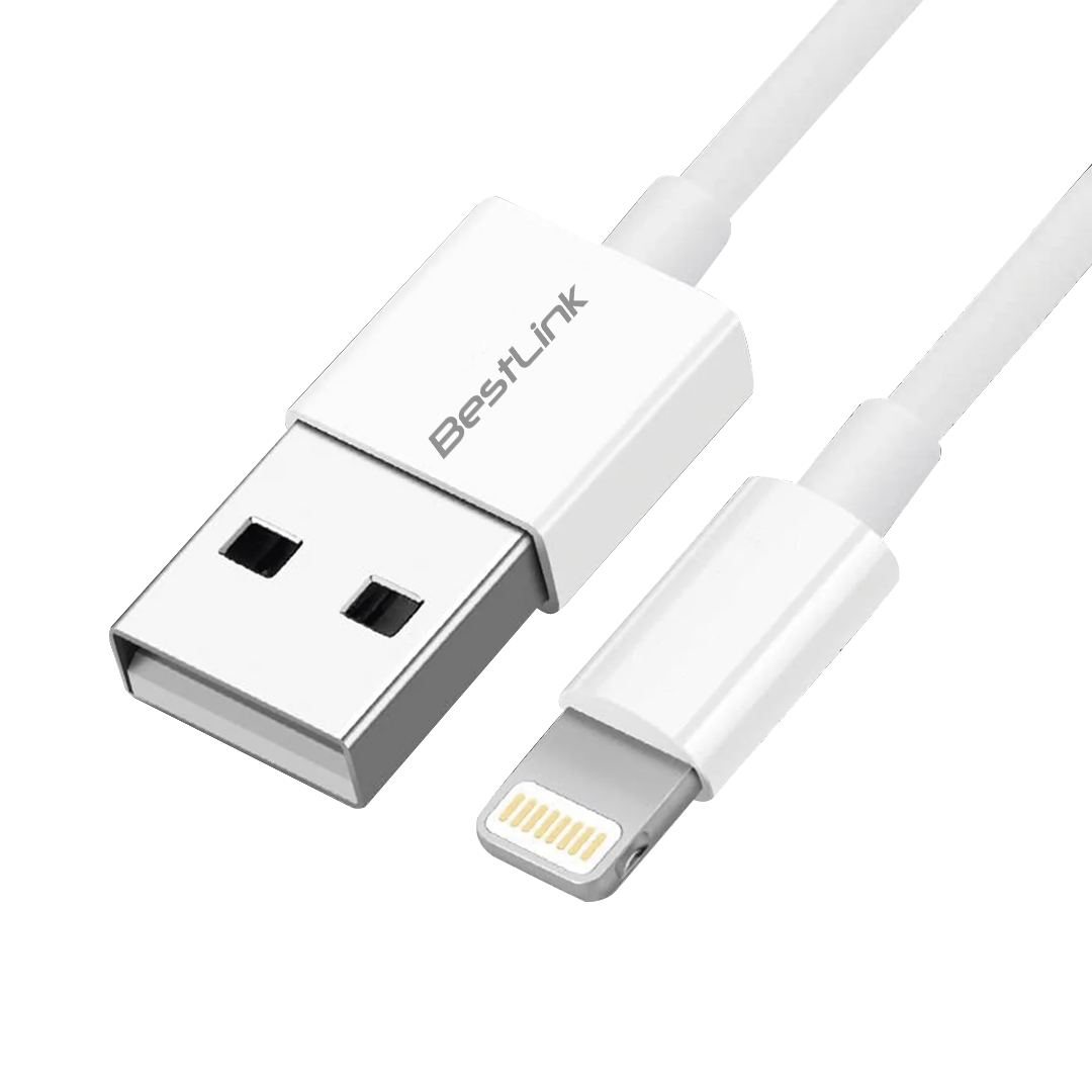 Cable Lightning MFI 2.4A Bestlink modelo BL-CH200CE, 1.5 metros, color blanco, compatible con iPhone, iPad y iPod.