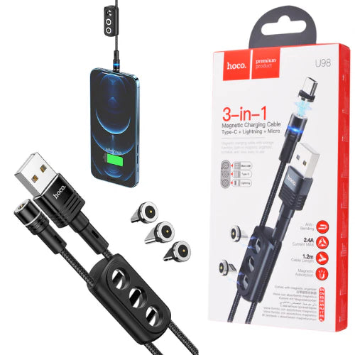 Cable magnético 3 en 1 Hoco U98 con conectores USB-C, Lightning y Micro USB.