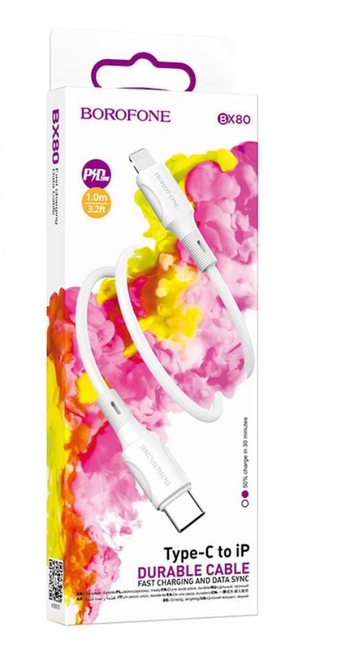 Cable Tipo-C a Lightning Borofone BX80 con núcleo de cobre y diseño anti-flexión.