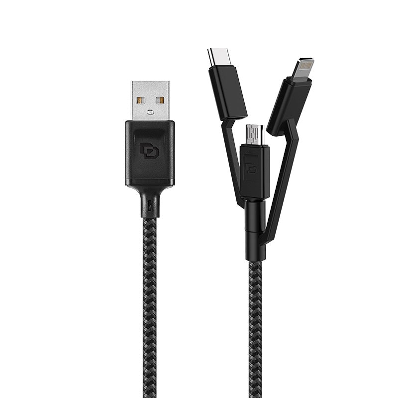 Cable universal 3 en 1 trenzado Dusted Rugged, compatible con iPhone, Android y más.