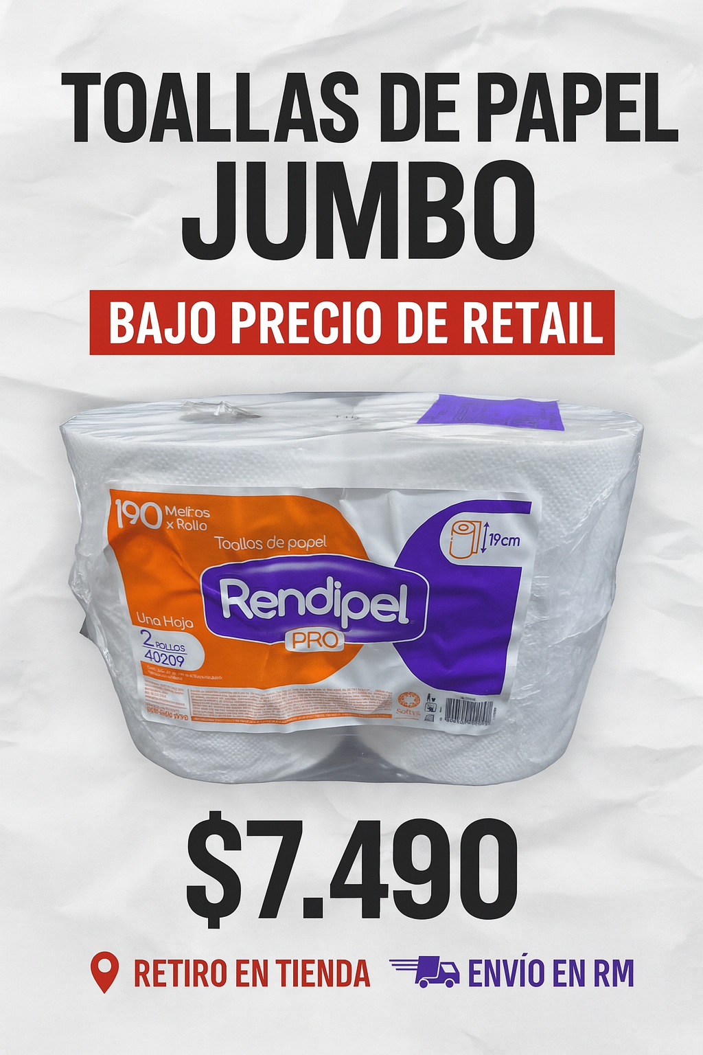 ¡Toalla Jumbo Rendipel Pro! 2 rollos de 190 m (total 380 m) – Alto 19 cm