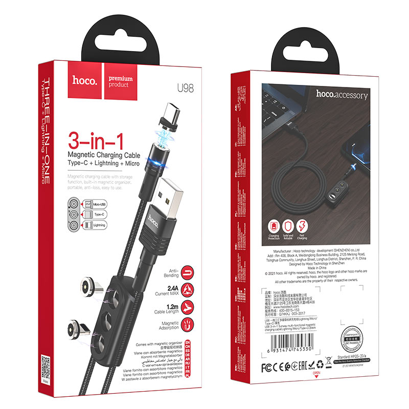 Cable magnético Hoco U98, carga eficiente y versatilidad con conectores intercambiables.