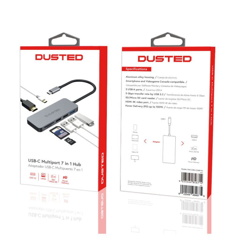 Hub USB-C 7 en 1 DUSTED con cuerpo de aluminio y puertos de alta velocidad.