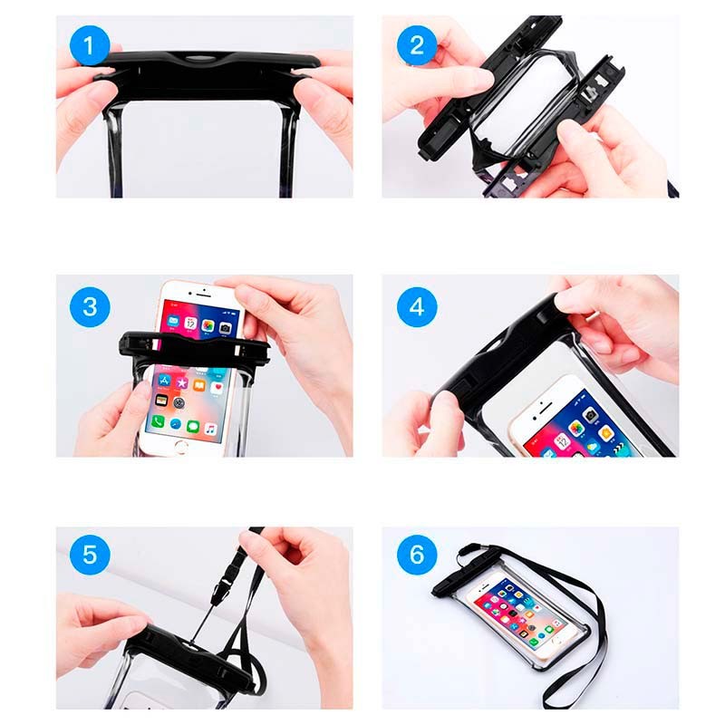 Funda impermeable en color celeste para proteger teléfonos grandes de agua y polvo.