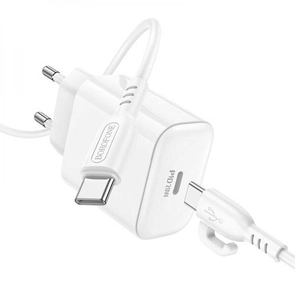 Kit cargador Borofone A81A con Power Delivery 20W y Quick Charge, incluye cable Type-C, diseño compacto.