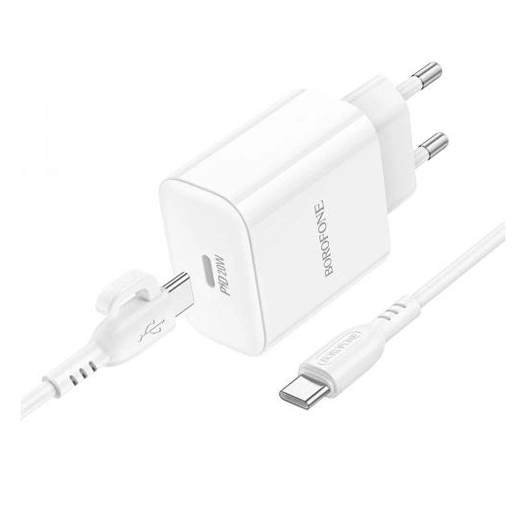 Kit cargador Borofone A81A con Power Delivery 20W y Quick Charge, incluye cable Type-C, diseño compacto.