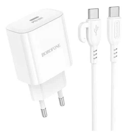 Kit cargador Borofone A81A con Power Delivery 20W y Quick Charge, incluye cable Type-C, diseño compacto.