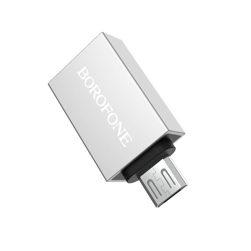 Adaptador MicroUSB Borofone BV2, ideal para conectar memorias USB, teclados y ratones.