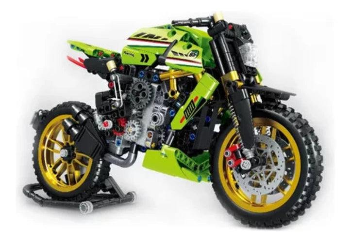 Motocicleta mecánica de lego de 640 piezas para construcción y aprendizaje interactivo.
