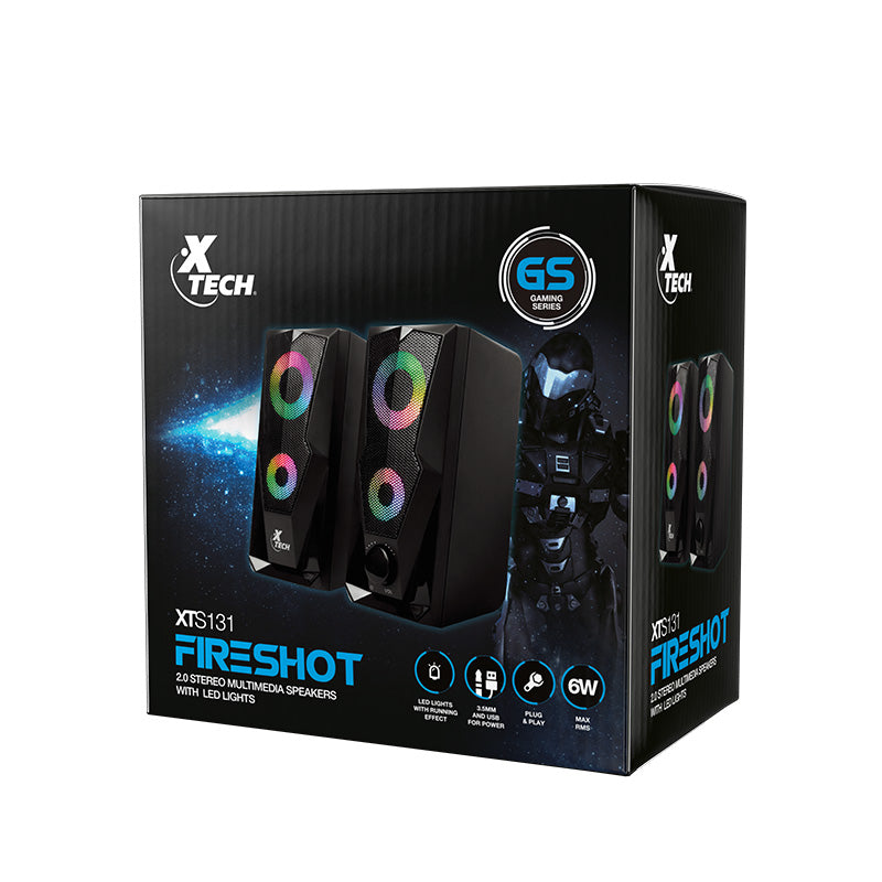 Parlantes Gaming Xtech XTS-131+ con sistema 2.0 canales y luces LED, diseño compacto en color negro.