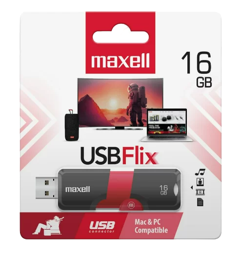 Pendrive Maxell Flix 16GB USB 2.0 compacto y ligero, ideal para documentos y multimedia.