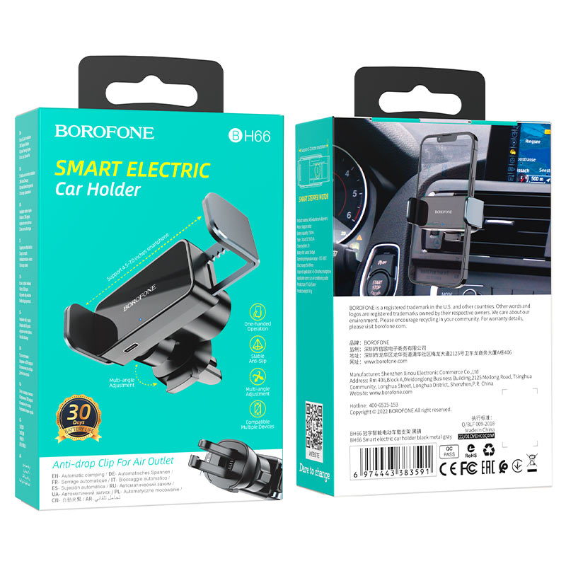 Soporte para auto con cargador inalámbrico Borofone BH66, diseño seguro y funcional.