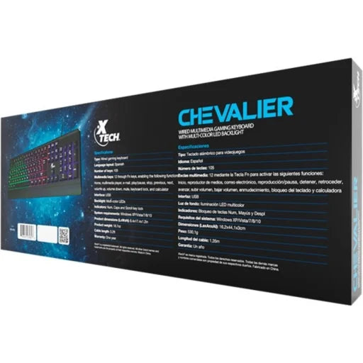 Teclado USB Xtech CHEVALIER XTK-505S con retroiluminación LED y diseño QWERTY en español. Ideal para oficina y uso diario.