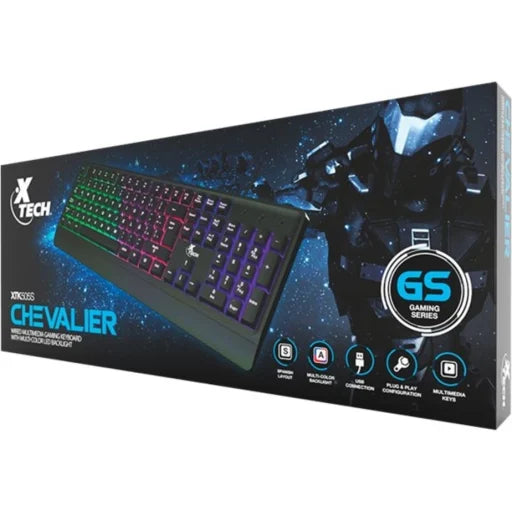 Teclado USB Xtech CHEVALIER XTK-505S con retroiluminación LED y diseño QWERTY en español. Ideal para oficina y uso diario.