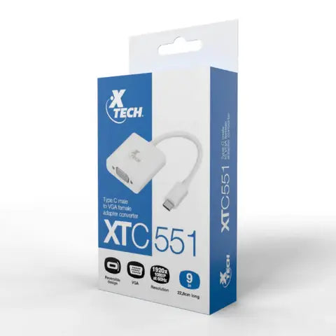 Adaptador USB Tipo C a VGA hembra Xtech modelo XTC551, resolución 1080p.