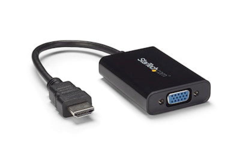 Convertidor de señal HDMI a VGA de StarTech con resolución 1080p y audio incluido.