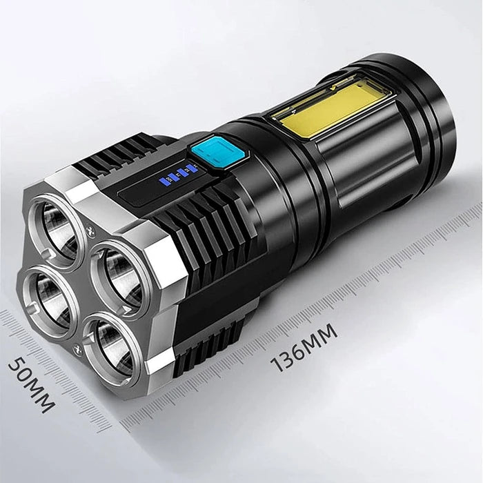 Linterna Tecnolab de 4 LED con batería recargable vía USB.
