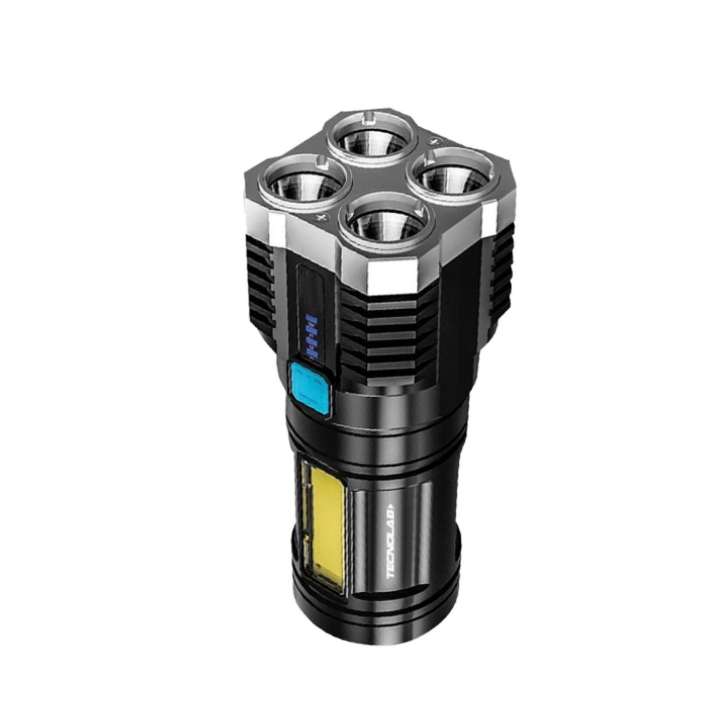Linterna recargable Tecnolab con carga USB y modos de brillo.
