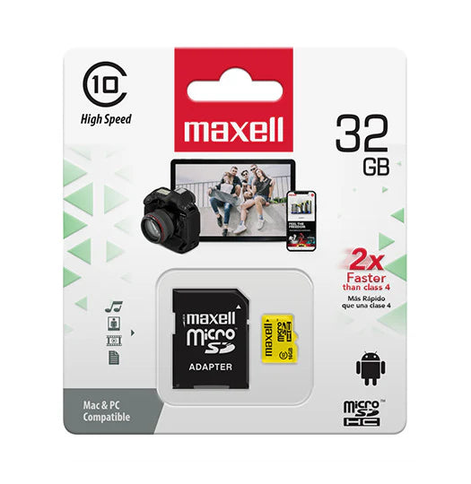 Tarjeta MicroSD Maxell 32GB Clase 10 con adaptador SD en empaque