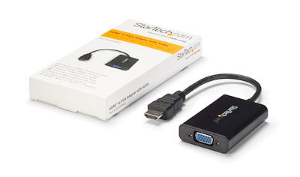 Conversor HDMI macho a VGA hembra con soporte de audio, modelo StarTech HD2VGAA2.