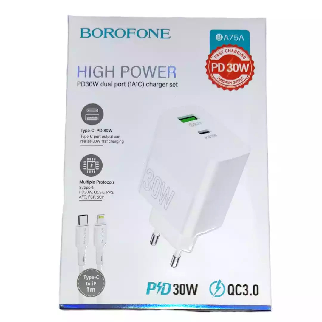 Cargador Powerful Dual Port Pd 30W + Qc 3.0 C To Ip White | Borofone Ba75A