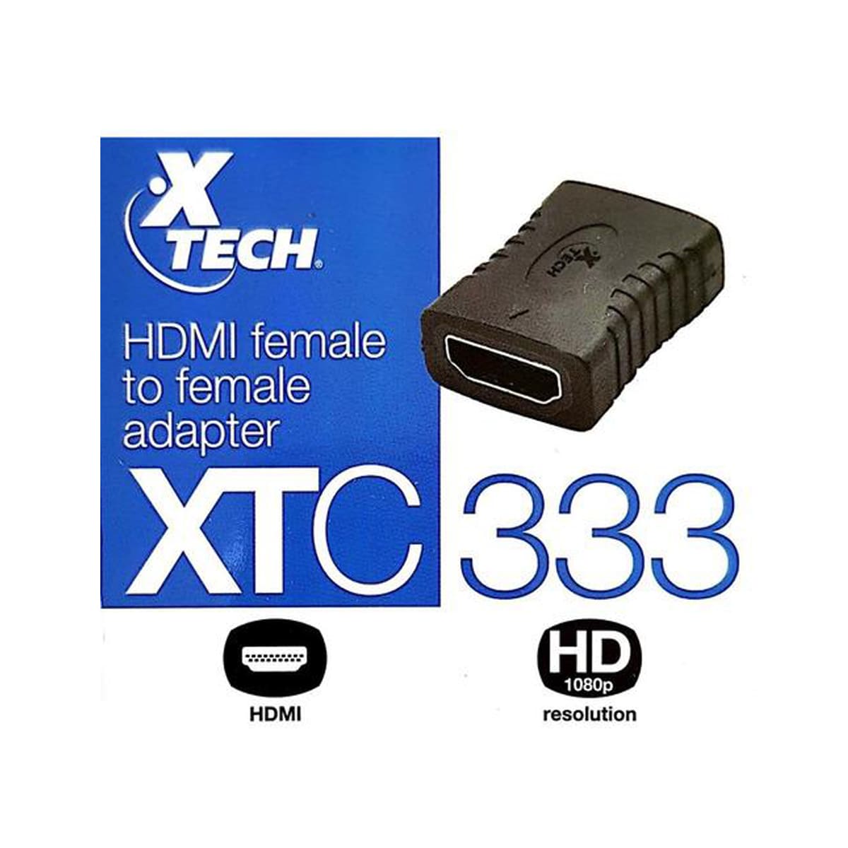 Adaptador HDMI X-Tech XTC333 con conectores hembra a hembra y material duradero.
