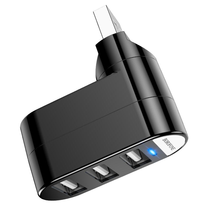 Adaptador USB 3 puertos BOROFONE DH3 con diseño rotatorio 180°, ideal para ampliar conexiones en laptops y PCs.  
