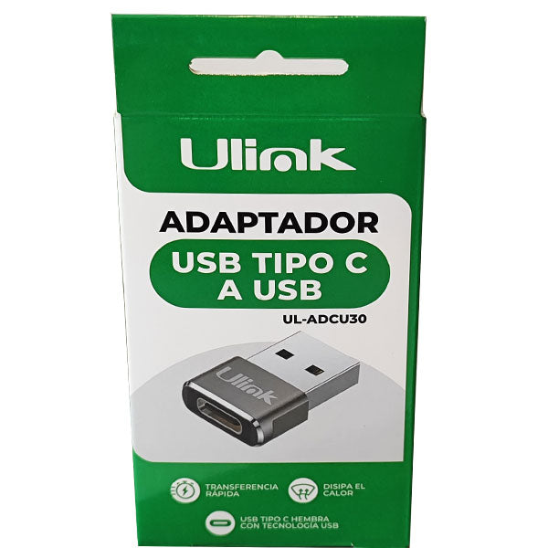 Adaptador USB-C hembra a USB macho 2.0 UL-ADCU30, compacto y funcional para carga y transferencia de datos.
