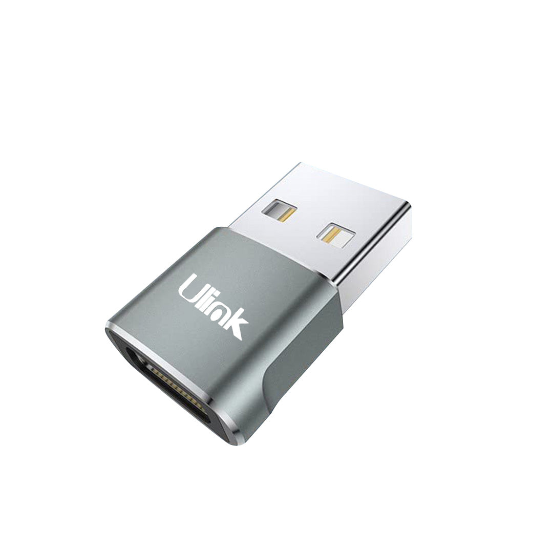 Adaptador USB-C hembra a USB macho 2.0 UL-ADCU30, compacto y funcional para carga y transferencia de datos.
