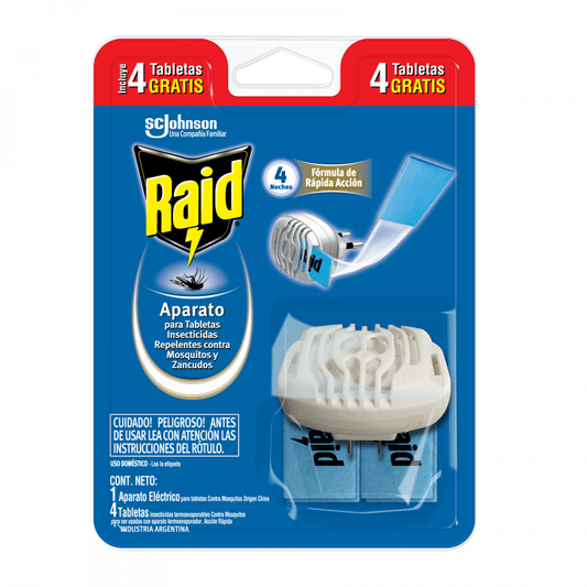 Aparato para tabletas insecticidas Raid, doble acción contra mosquitos, protección continua y eficaz.
