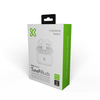 Audífonos inalámbricos Klip Xtreme TuneFi Buds con estuche y indicador LED.
