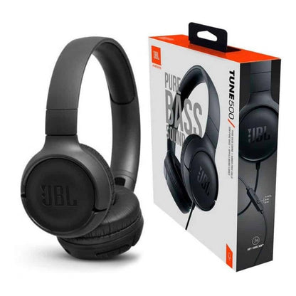 Audífonos JBL Tune 500 on-ear, diseño ligero con tecnología Pure Bass y micrófono integrado.
