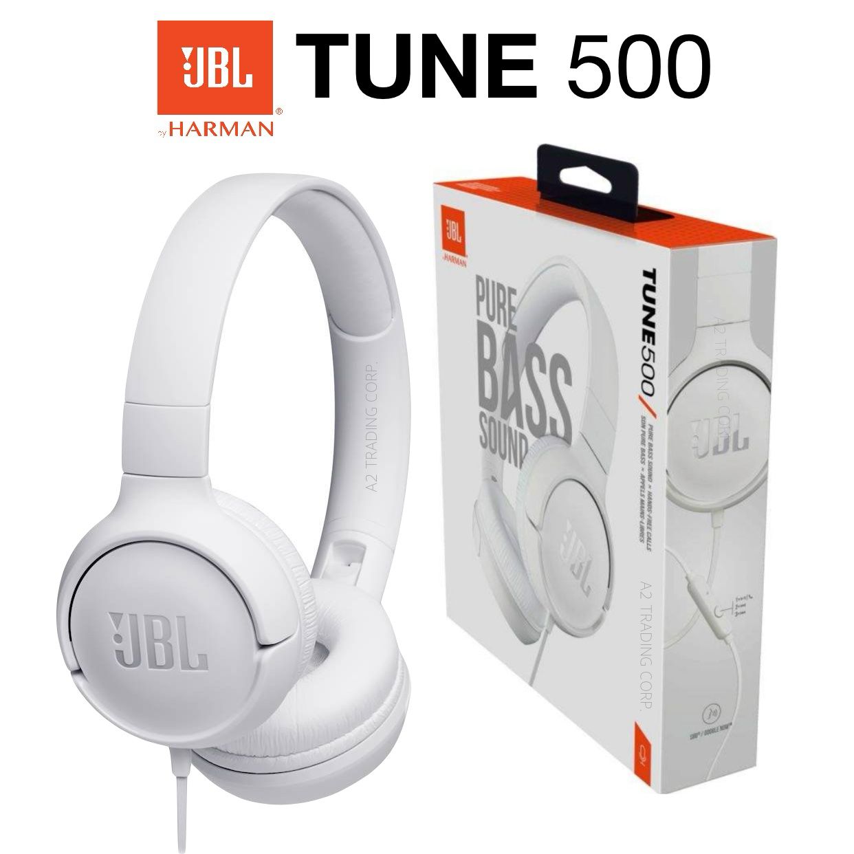 Audífonos JBL Tune 500 on-ear, diseño ligero con tecnología Pure Bass y micrófono integrado.
