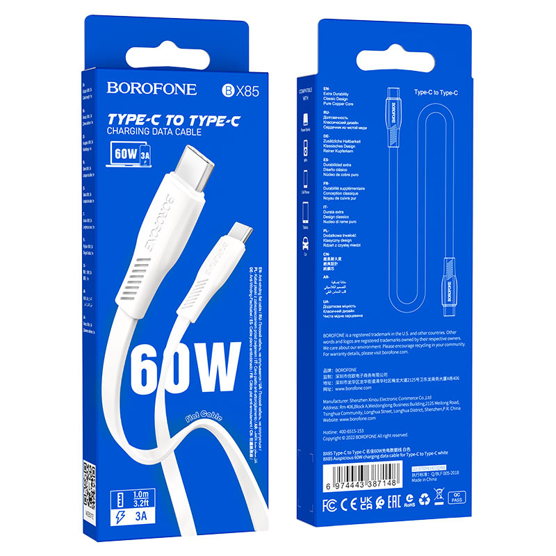 Cable Borofone BX85 60W con conectores Type-C, soporte QC 4.0, longitud de 1 metro, color blanco.
