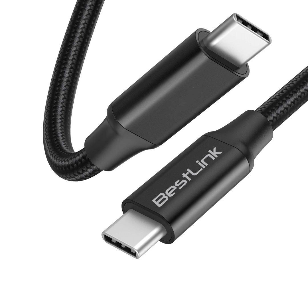 Cable de carga USB-C a USB-C 100W Bestlink, diseño resistente y antinudo, color negro.
