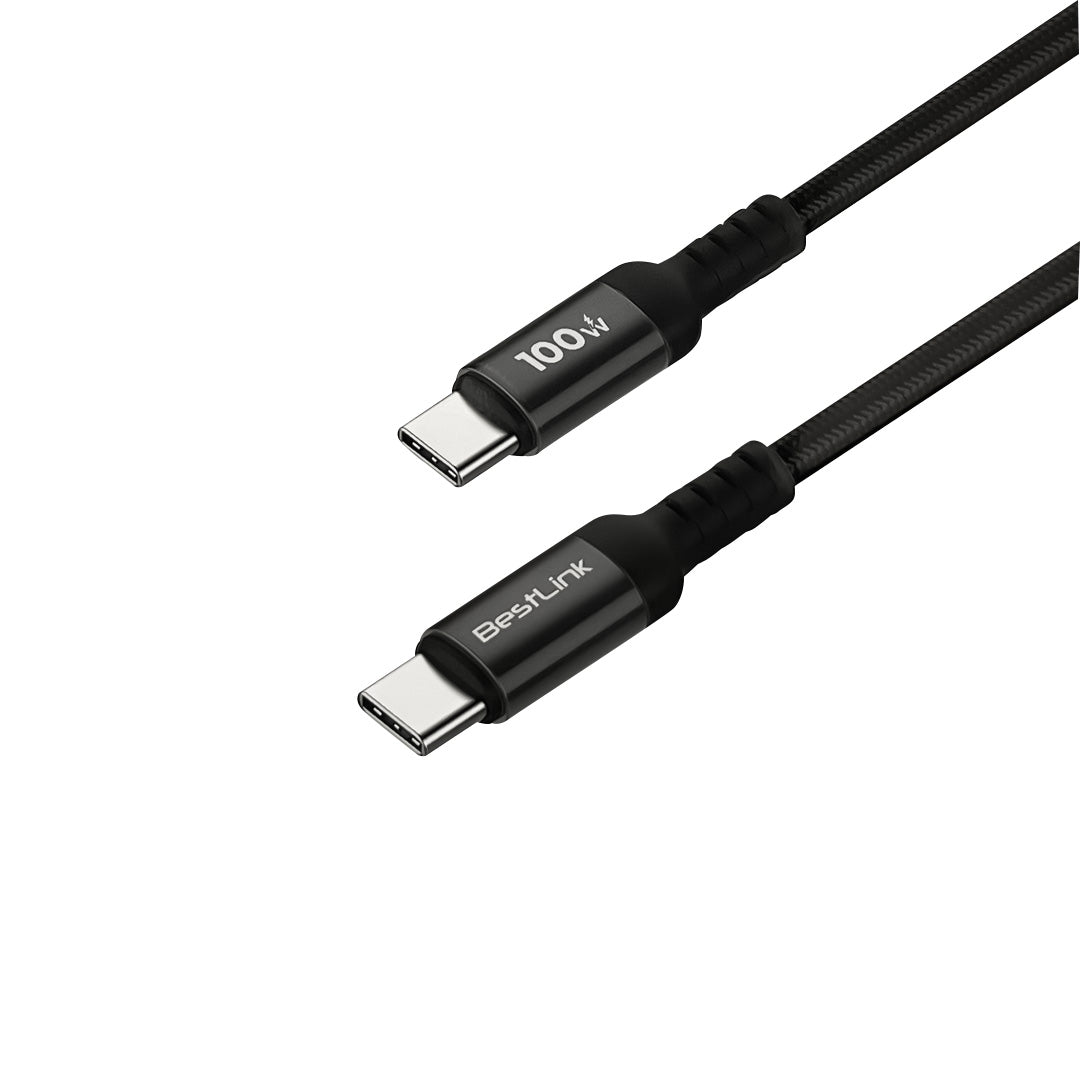 Cable de carga USB-C a USB-C 100W Bestlink, diseño resistente y antinudo, color negro.
