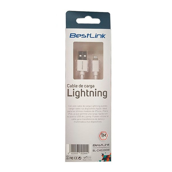 Cable Lightning 2.4A para iPhone, iPad y iPod, modelo BL-CH0200, color blanco, carga rápida y eficiente.
