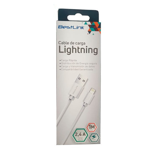 Cable Lightning 2.4A para iPhone, iPad y iPod, modelo BL-CH0200, color blanco, carga rápida y eficiente.
