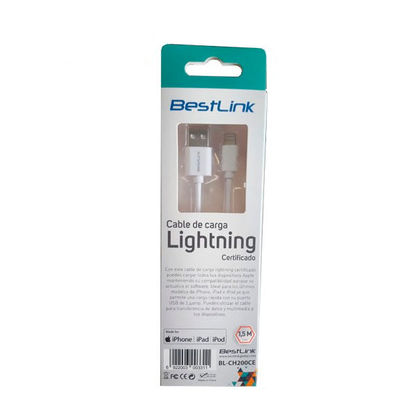 Cable Lightning MFI 2.4A Bestlink modelo BL-CH200CE, 1.5 metros, color blanco, compatible con iPhone, iPad y iPod.
