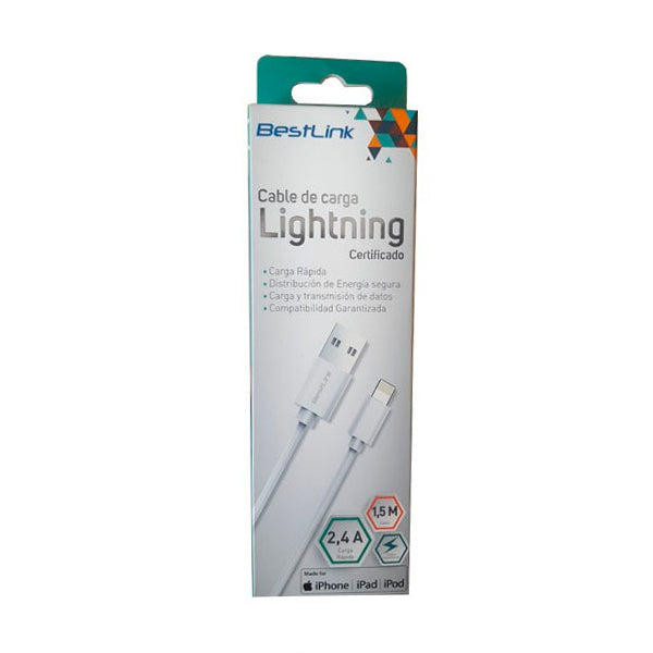 Cable Lightning MFI 2.4A Bestlink modelo BL-CH200CE, 1.5 metros, color blanco, compatible con iPhone, iPad y iPod.
