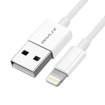 Cable Lightning MFI 2.4A Bestlink modelo BL-CH200CE, 1.5 metros, color blanco, compatible con iPhone, iPad y iPod.
