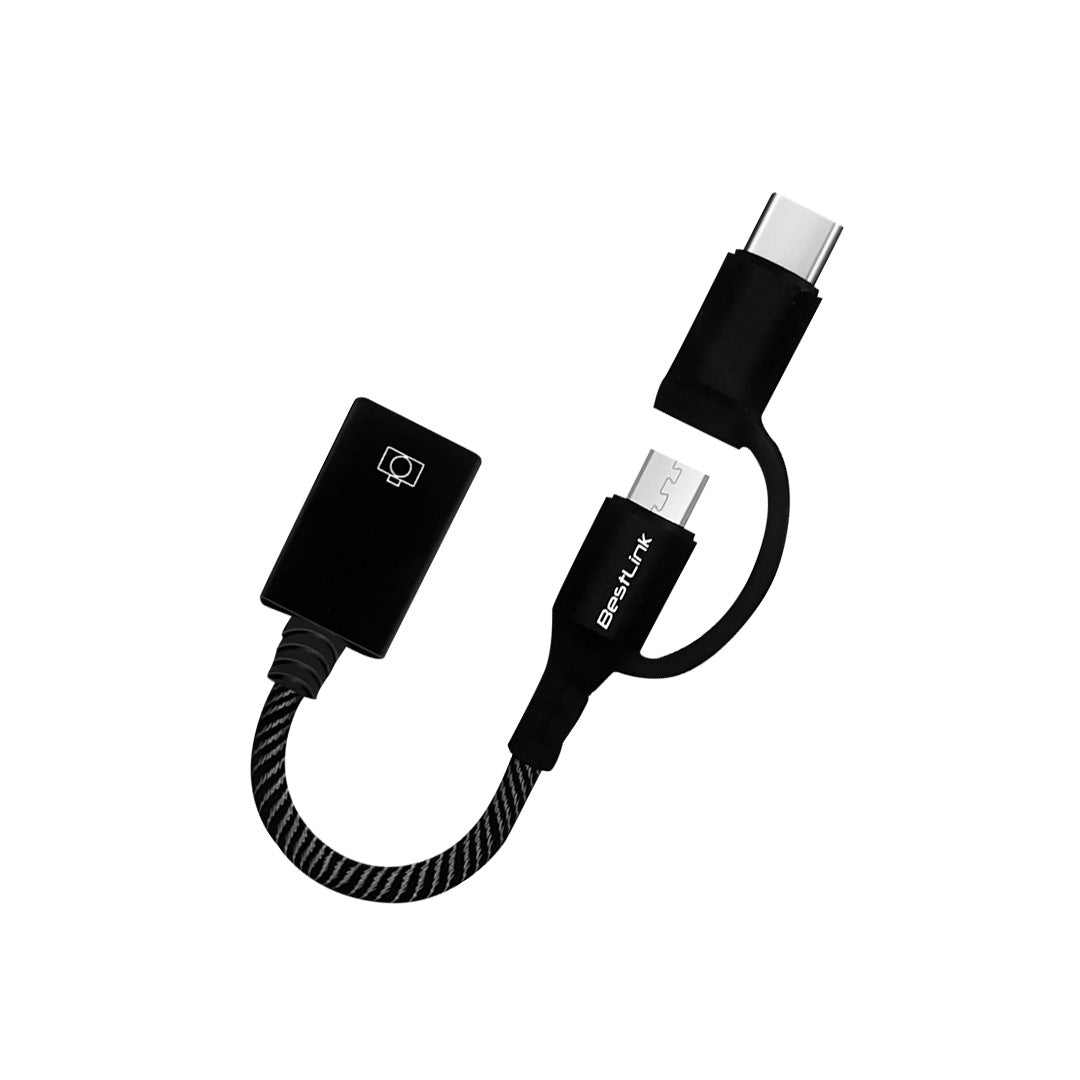 Cable OTG 2 en 1 Bestlink BL-ADOTG20, conectores MicroUSB + USB-C a USB hembra, compacto y funcional.
