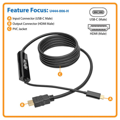 Cable adaptador Tripp Lite USB-C a HDMI con instalación rápida Plug & Play.  
