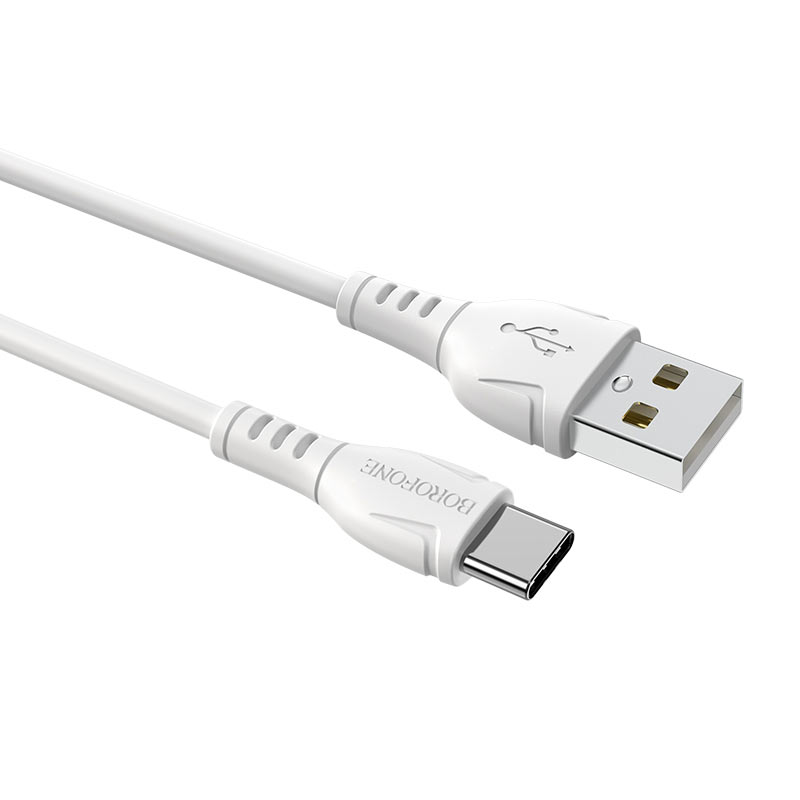 Cable Borofone BX51 USB-A a Type-C blanco, para carga rápida y transferencia de datos eficiente.
